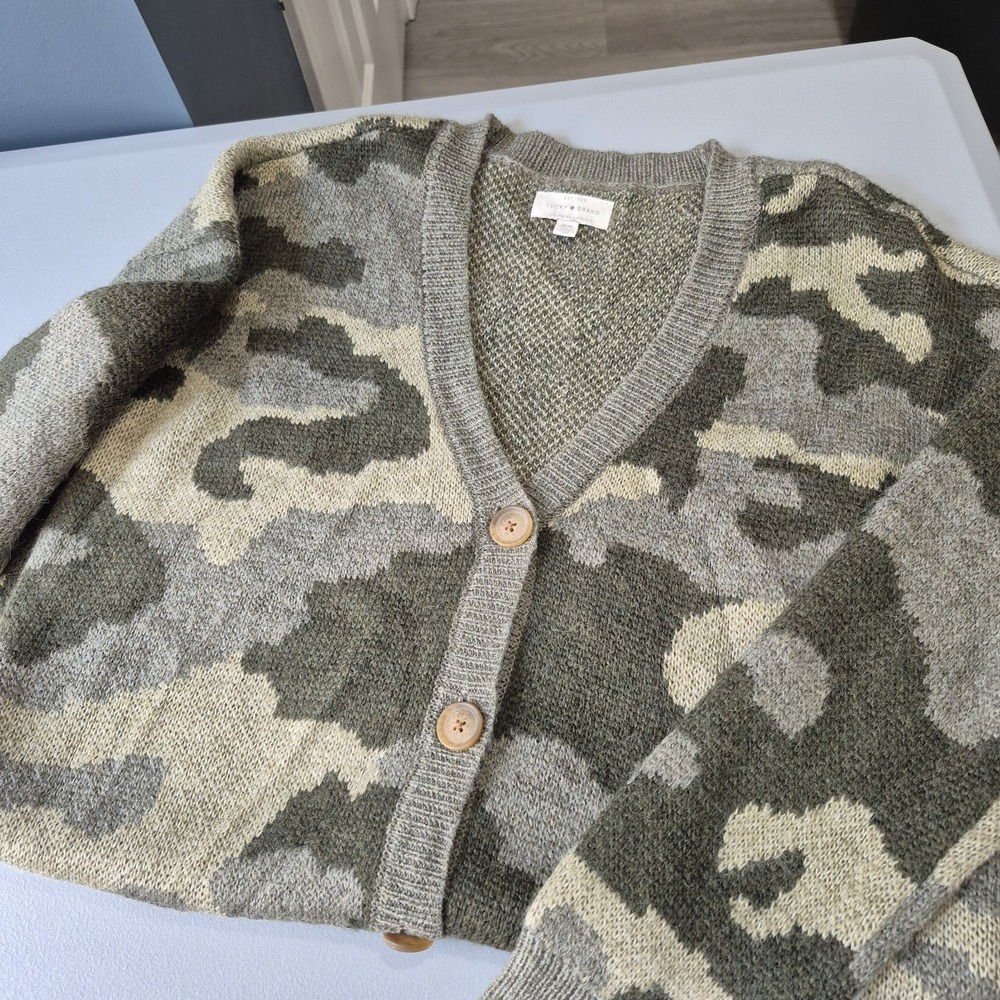 Lucky Brand Cardigan Sweater Womens Medium Green Camo Wool Blend Boyfriend